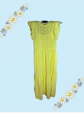 Sunday Up Lemon Yellow/Neon Midi Dress with Ruffle Sleeves